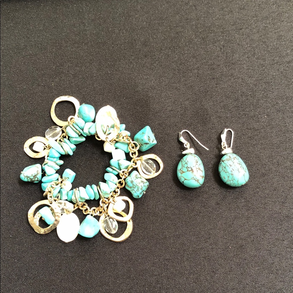 Turquoise Charm Bracelet and Drop Earrings Set - Women Jewelry